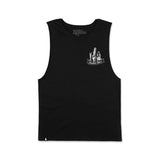 Black sleeveless tank top with small chest logo graphic print