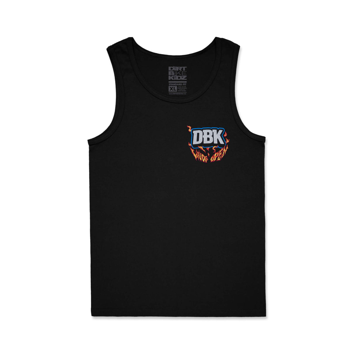 Black tank top with small DBK logo and orange flame details