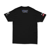Black T-shirt back with blue Twitch-style logo across upper back and sleeve marks.