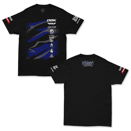Black T-shirt pair showing front graphic and matching back logo; short sleeves, crew neck.
