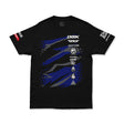 Black T-shirt front with large blue and black abstract logo design and sleeve badges.
