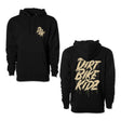 Black hoodie with front pouch pocket, hood drawstrings, and small gold logo on chest