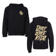 Youth black hoodie with gold graffiti-style logo on front and back