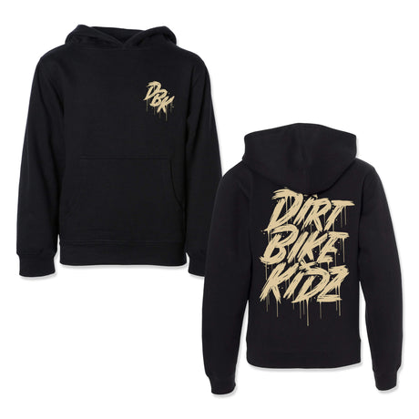 Youth black hoodie with gold graffiti-style logo on front and back