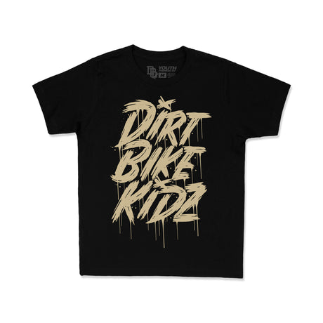 Black youth tee with beige DRRT BIKE RIDE graphic print on front.