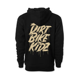 Black hoodie with large gold graphic on back and hood up with drawstrings