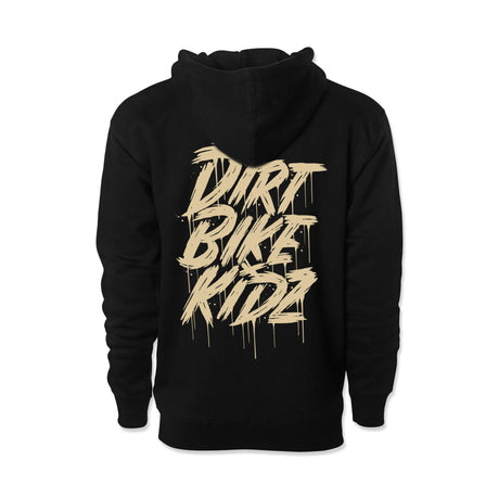 Black hoodie with large gold graphic on back and hood up with drawstrings