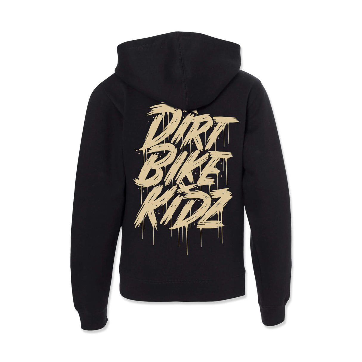 Youth black hoodie back view with large gold stacked graffiti-style logo