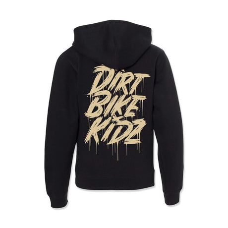 Youth black hoodie back view with large gold stacked graffiti-style logo