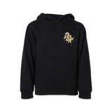 Youth black hoodie front view with small gold logo on chest and pouch pocket