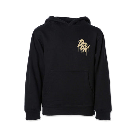 Youth black hoodie front view with small gold logo on chest and pouch pocket