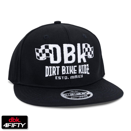 Black snapback cap with white DBK logo and 'DIRT BIKE KIDEZ' graphic