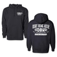 Kids dark hoodie with hood and drawstrings, front pocket, small chest logo graphic
