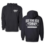 Kids dark hoodie with hood and drawstrings, front pocket, small chest logo graphic
