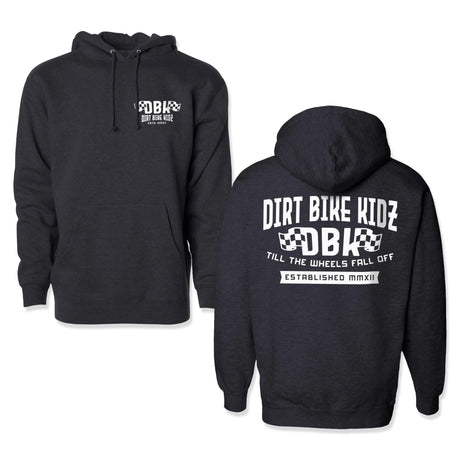 Kids dark hoodie with hood and drawstrings, front pocket, small chest logo graphic