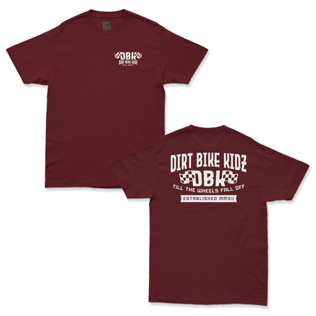 Maroon graphic T-shirt with small chest DBK logo and “Dirt Bike Kidz” text