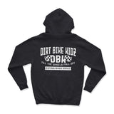 Kids dark hoodie, back view with hood and large center back graphic print