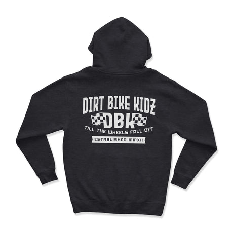 Kids dark hoodie, back view with hood and large center back graphic print