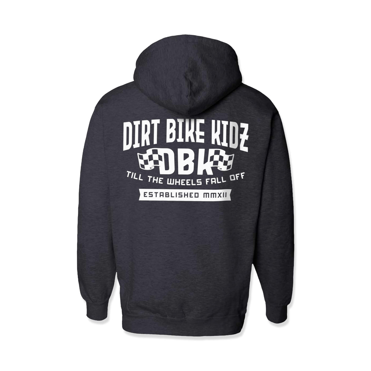 Kids dark hoodie, back view with hood, large graphic print centered on the back