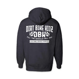 Kids dark hoodie, back view with hood, large graphic print centered on the back
