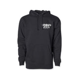 Kids dark pullover hoodie with hood and drawstrings, front pocket, small chest logo
