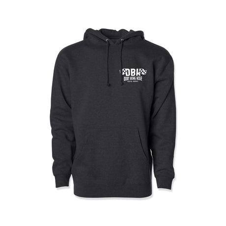 Kids dark pullover hoodie with hood and drawstrings, front pocket, small chest logo