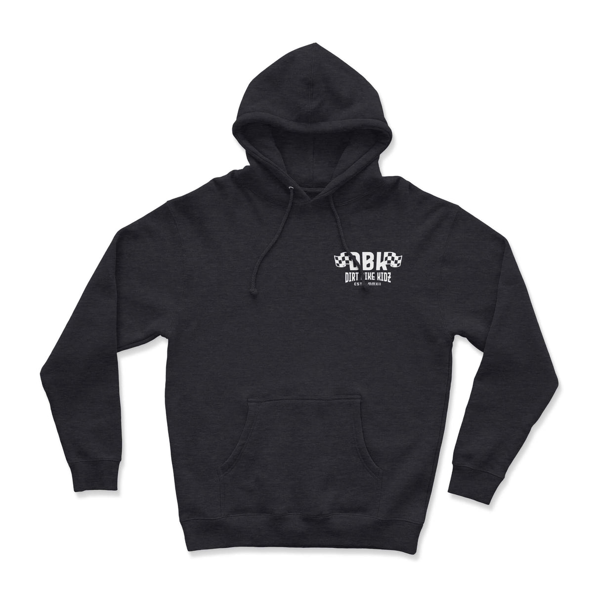 Kids dark hoodie, front view with hood and drawstrings, kangaroo pocket and chest logo