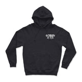 Kids dark hoodie, front view with hood and drawstrings, kangaroo pocket and chest logo