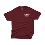 Maroon graphic T-shirt front view with small DBK chest logo print