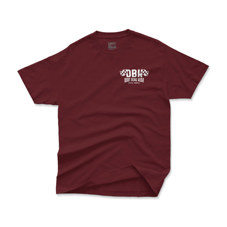Maroon graphic T-shirt front view with small DBK chest logo print