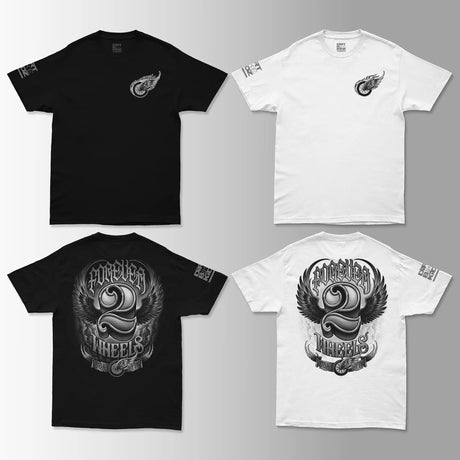 Two Wheels Tee: Schwarz & Weiß, Front- und Rückseite mit Bike-Wheel-Logo