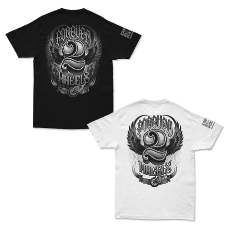 Graphic T-shirt set in black and white, short sleeves, winged wheel front print
