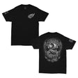 Black crew-neck T-shirt with small winged emblem on left chest.