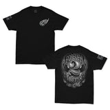 Black crew-neck T-shirt with small winged emblem on left chest.
