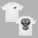 White crew-neck T-shirt with small winged emblem on left chest.