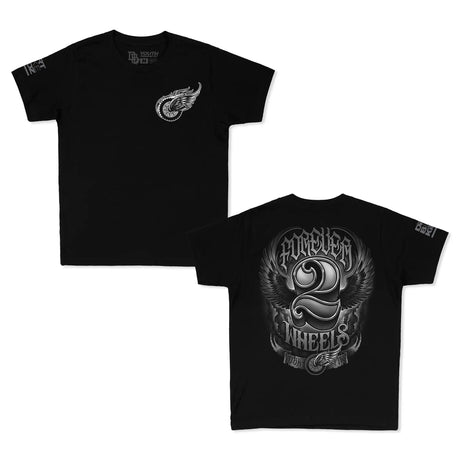 Youth premium tee, black, front small winged graphic