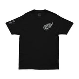 Black crew-neck T-shirt with small winged emblem on left chest.