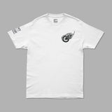 White crew-neck T-shirt with small winged emblem on left chest.
