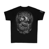 Youth premium T-shirt, black, back large 'Wheels' emblem with wings.