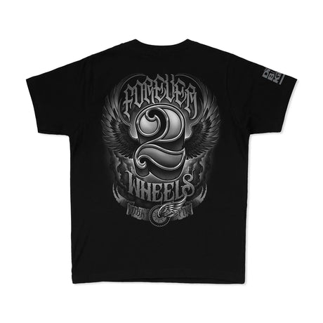 Youth premium tee, black, back design with winged two-wheels emblem