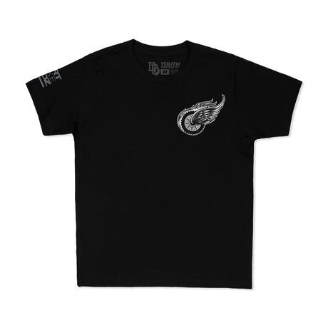 Youth premium tee, black, front crest with winged wheel icon