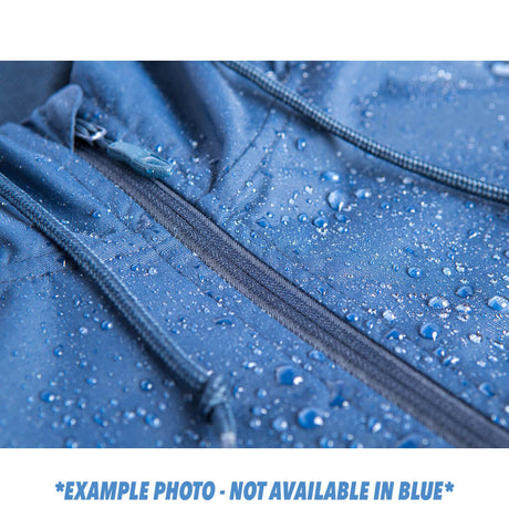 Blue windbreaker fabric with zipper track and water droplets on surface