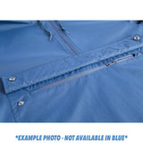 Blue windbreaker front with zipper, snap buttons, and stitched placket