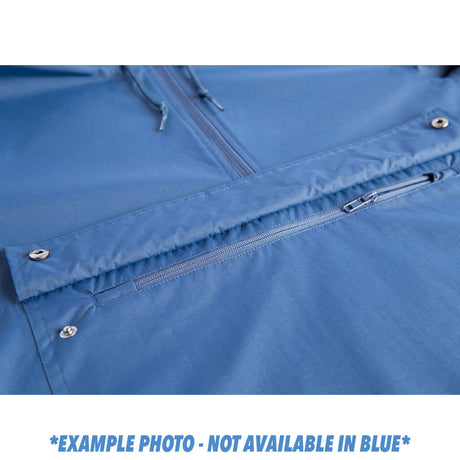 Blue windbreaker front with zipper, snap buttons, and stitched placket