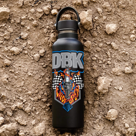 Wide Open DBK sticker graphic on a black water bottle, with flames and checkered flags