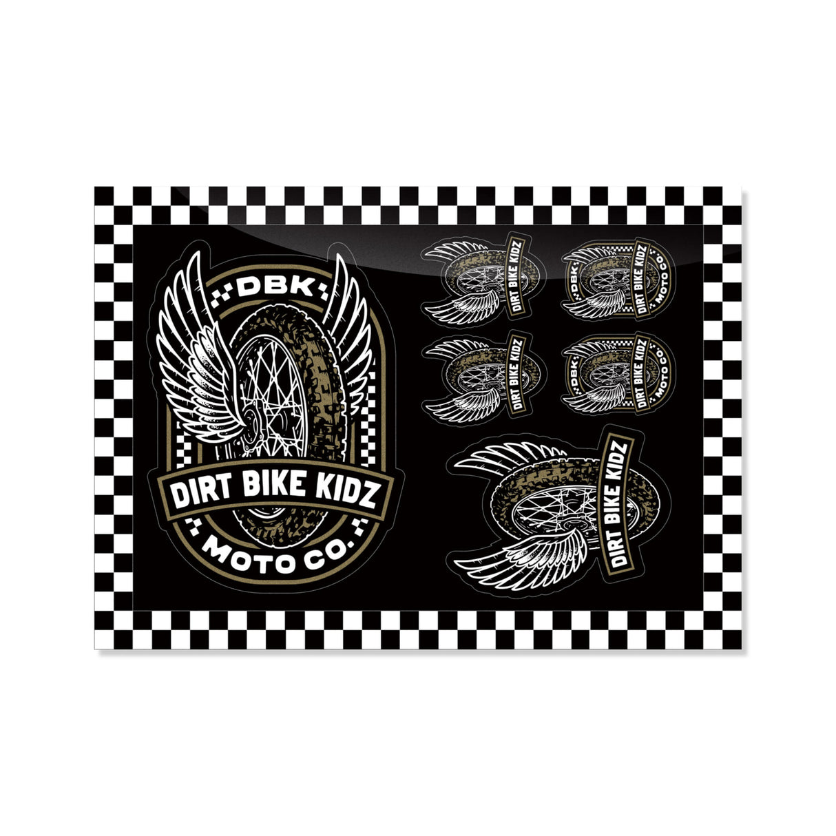 Sticker pack sheet with winged dirt bike logos, DIRT BIKE KIDZ text, black checker border