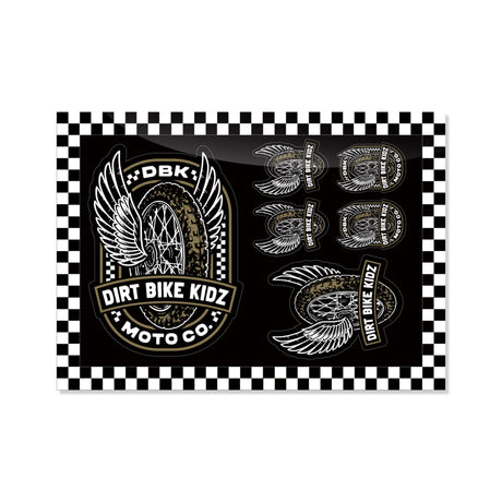 Sticker pack sheet with winged dirt bike logos, DIRT BIKE KIDZ text, black checker border