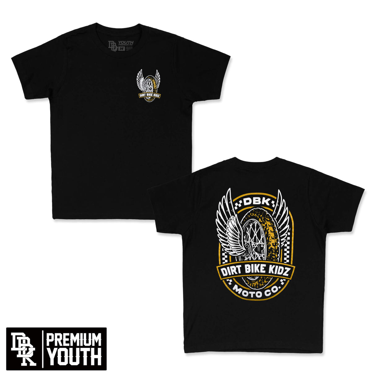 Youth premium black tee with small Dirt Bike Kidz winged logo on chest.