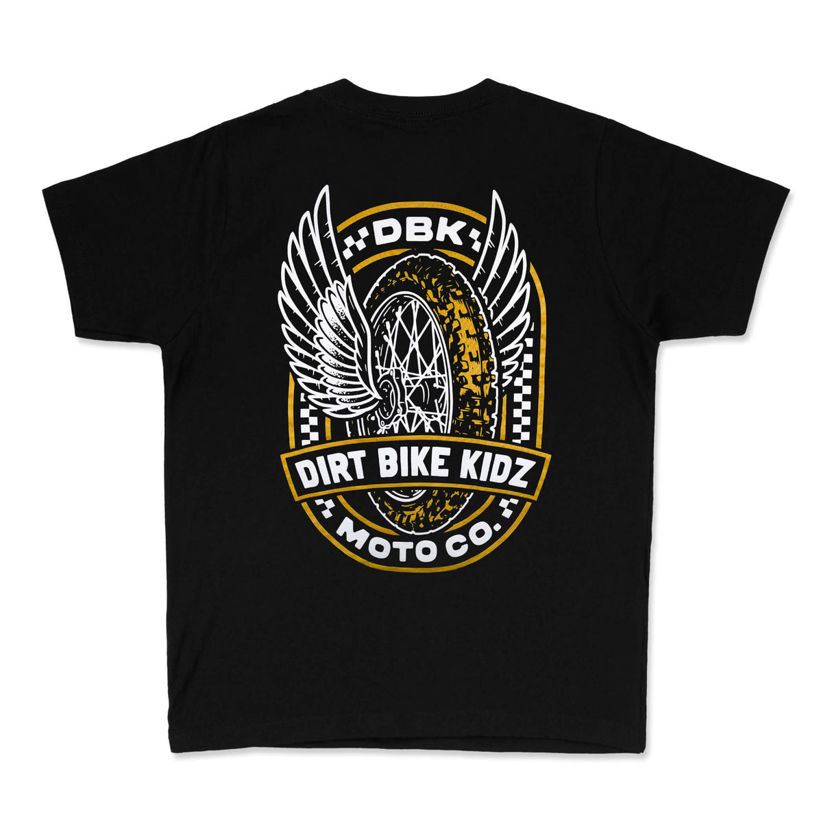 Youth premium black tee with large Dirt Bike Kidz Moto Co winged back graphic.