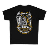 Youth premium black tee with large Dirt Bike Kidz Moto Co winged back graphic.